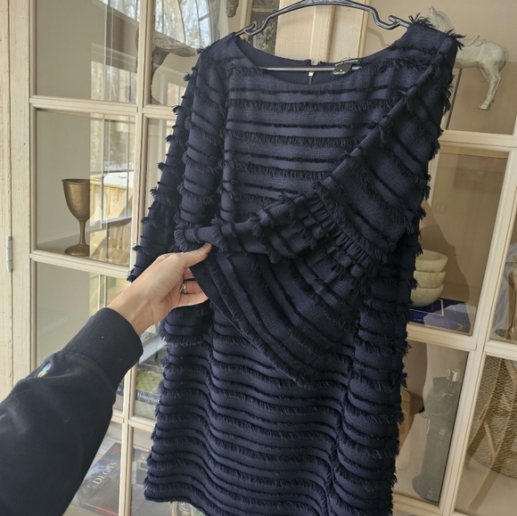 Club Monaco Alannah Dress Fringe Stripes Navy Blue 3/4 Bell Sleeves - Picture 8 of 11